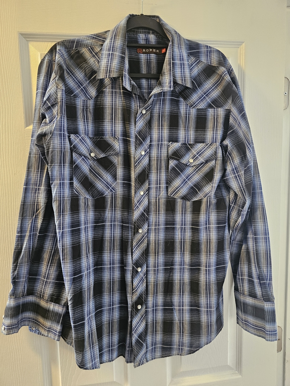 Roper Men's Blue and Black Plaid Western Snap Shirt